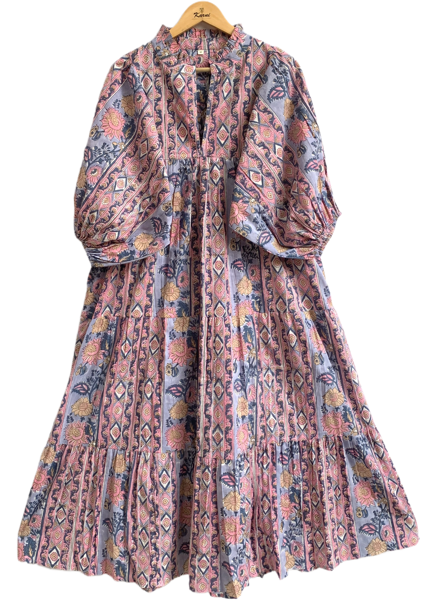 Dusty Blue Pink Block Print Cotton Maxi Dress – Puff Sleeve Boho Tiered Dress