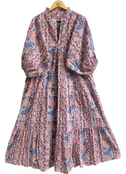 Dusty Blue Pink Block Print Cotton Maxi Dress – Puff Sleeve Boho Tiered Dress