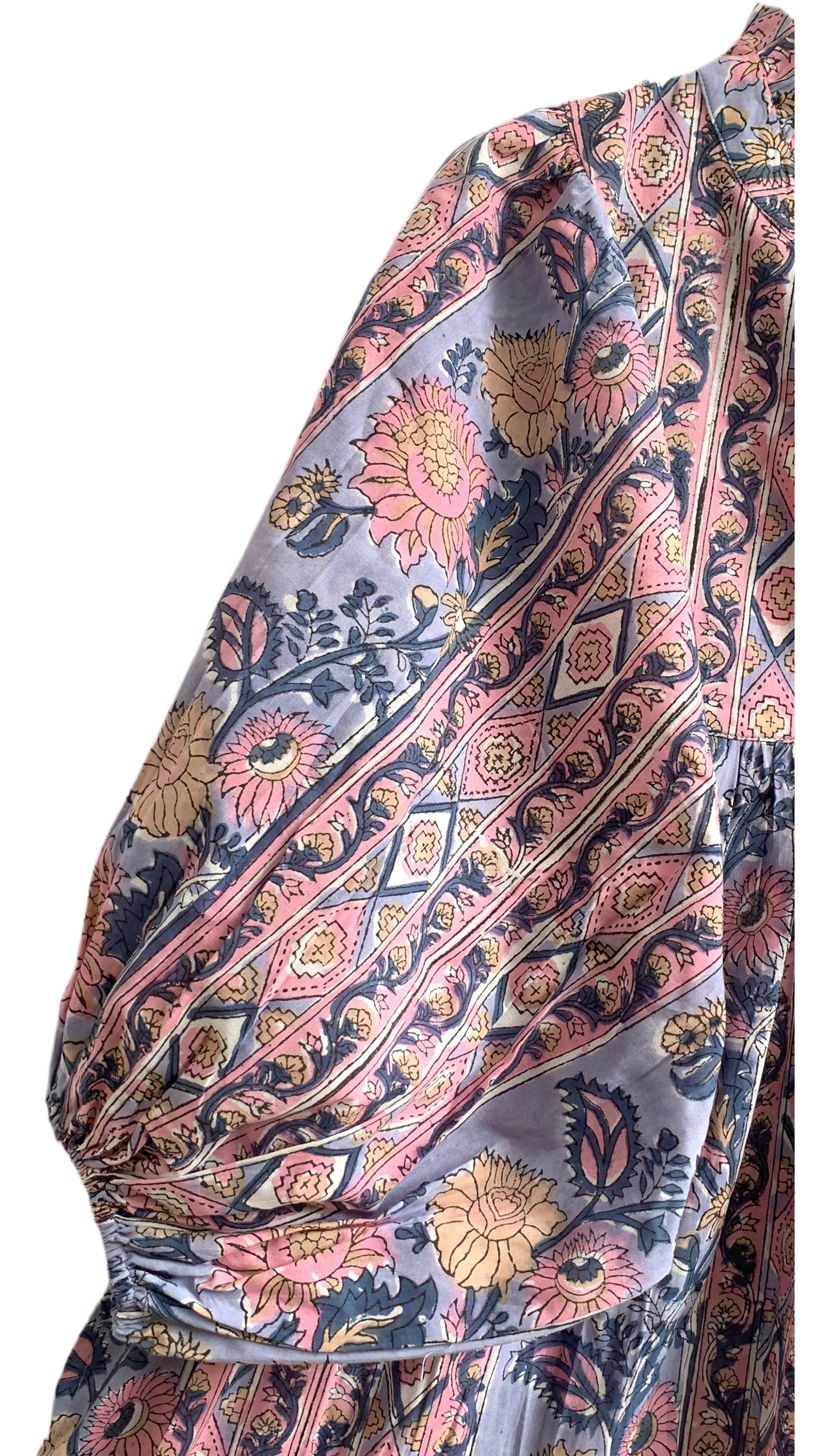 Dusty Blue Pink Block Print Cotton Maxi Dress – Puff Sleeve Boho Tiered Dress