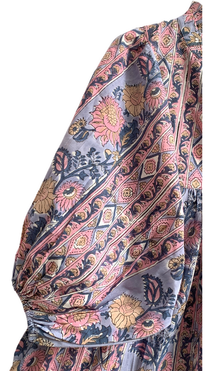 Dusty Blue Pink Block Print Cotton Maxi Dress – Puff Sleeve Boho Tiered Dress