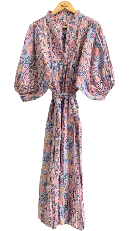Dusty Blue Pink Block Print Cotton Maxi Dress – Puff Sleeve Boho Tiered Dress