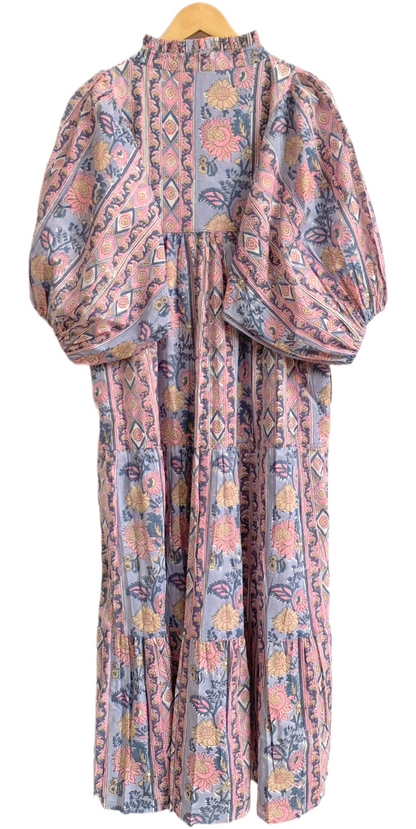 Dusty Blue Pink Block Print Cotton Maxi Dress – Puff Sleeve Boho Tiered Dress