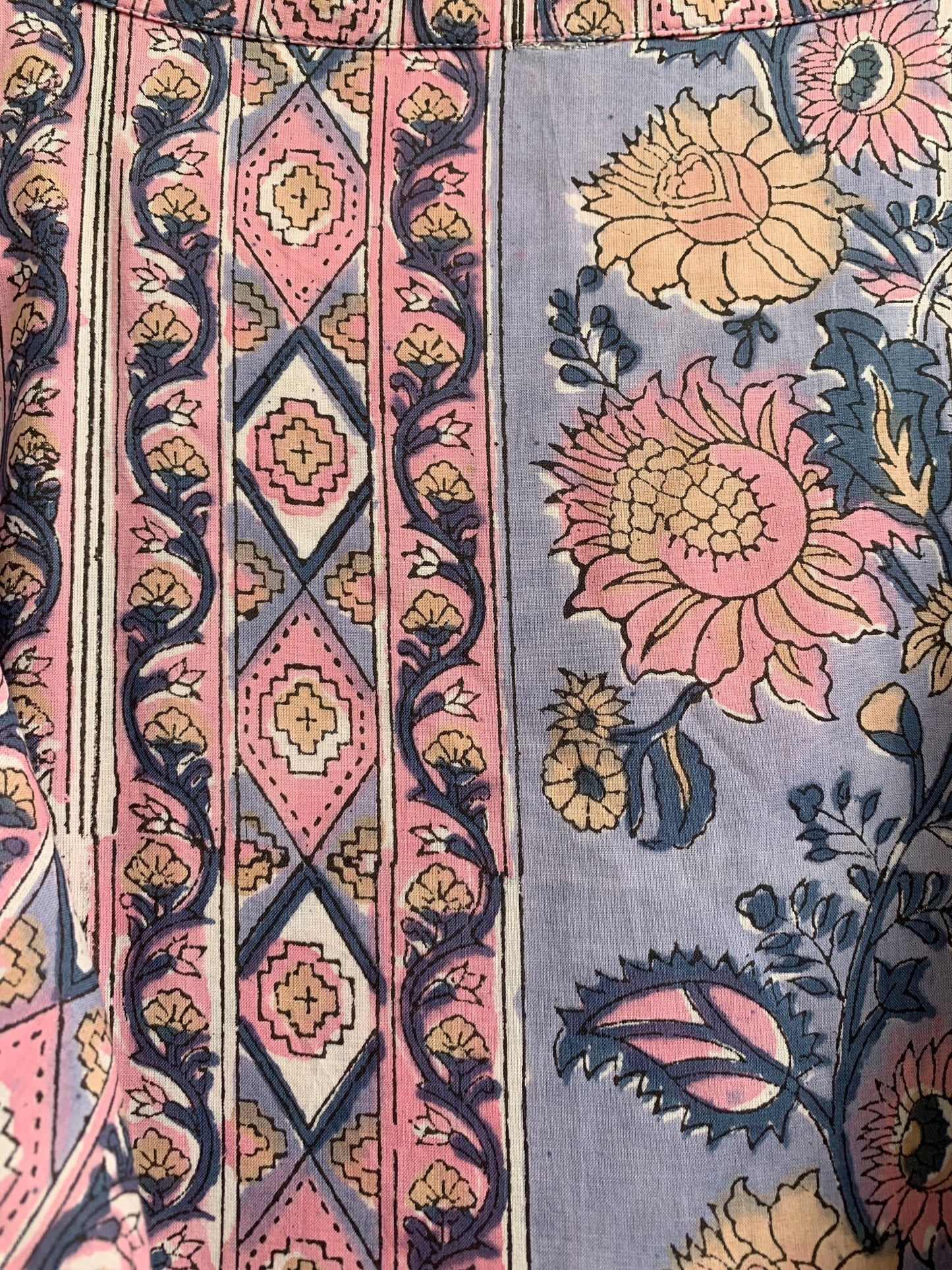 Dusty Blue Pink Block Print Cotton Maxi Dress – Puff Sleeve Boho Tiered Dress