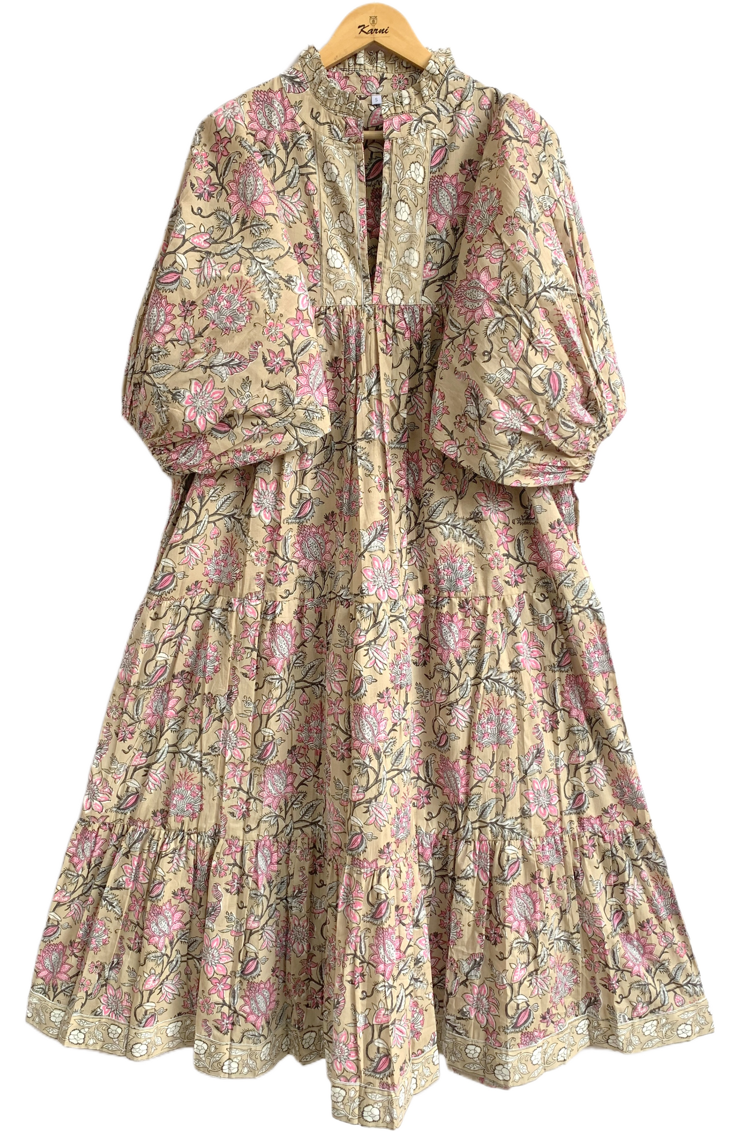 Beige Pink Floral Hand Block Printed Cotton Maxi Dress – Indian Boho Tiered Long Dress