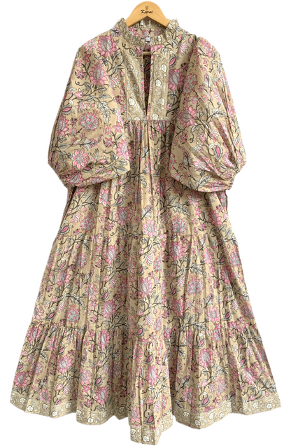 Beige Pink Floral Hand Block Printed Cotton Maxi Dress – Indian Boho Tiered Long Dress