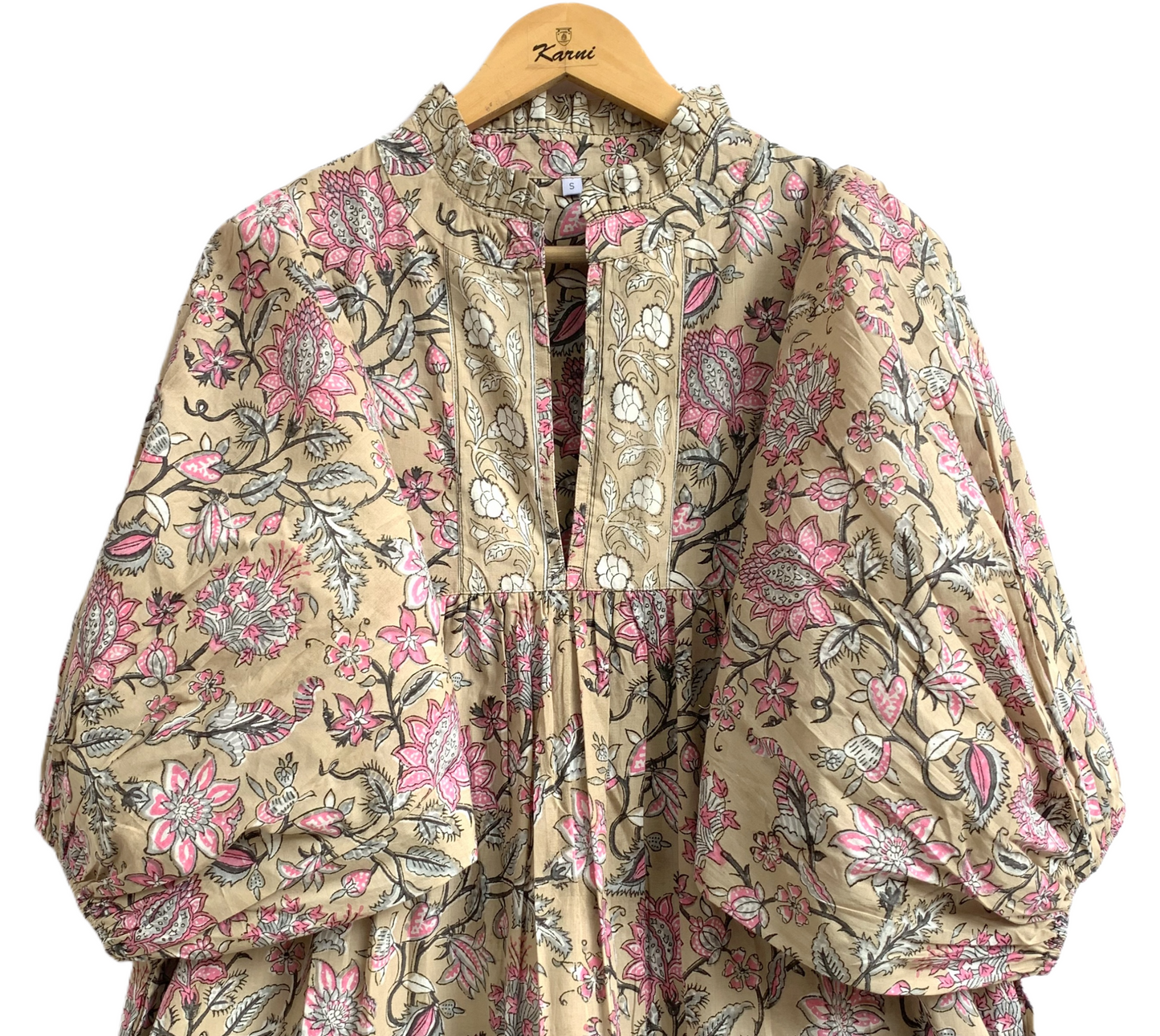 Beige Pink Floral Hand Block Printed Cotton Maxi Dress – Indian Boho Tiered Long Dress