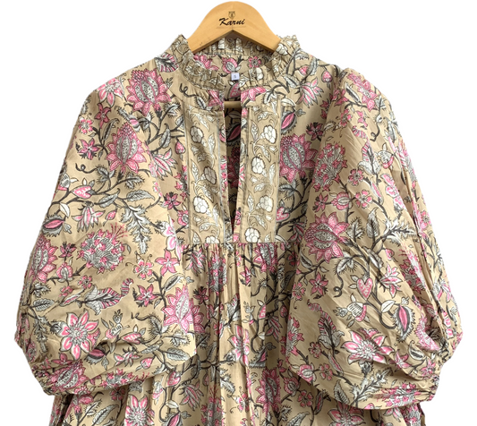 Beige Pink Floral Hand Block Printed Cotton Maxi Dress – Indian Boho Tiered Long Dress