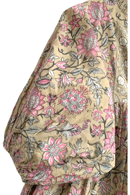 Beige Pink Floral Hand Block Printed Cotton Maxi Dress – Indian Boho Tiered Long Dress