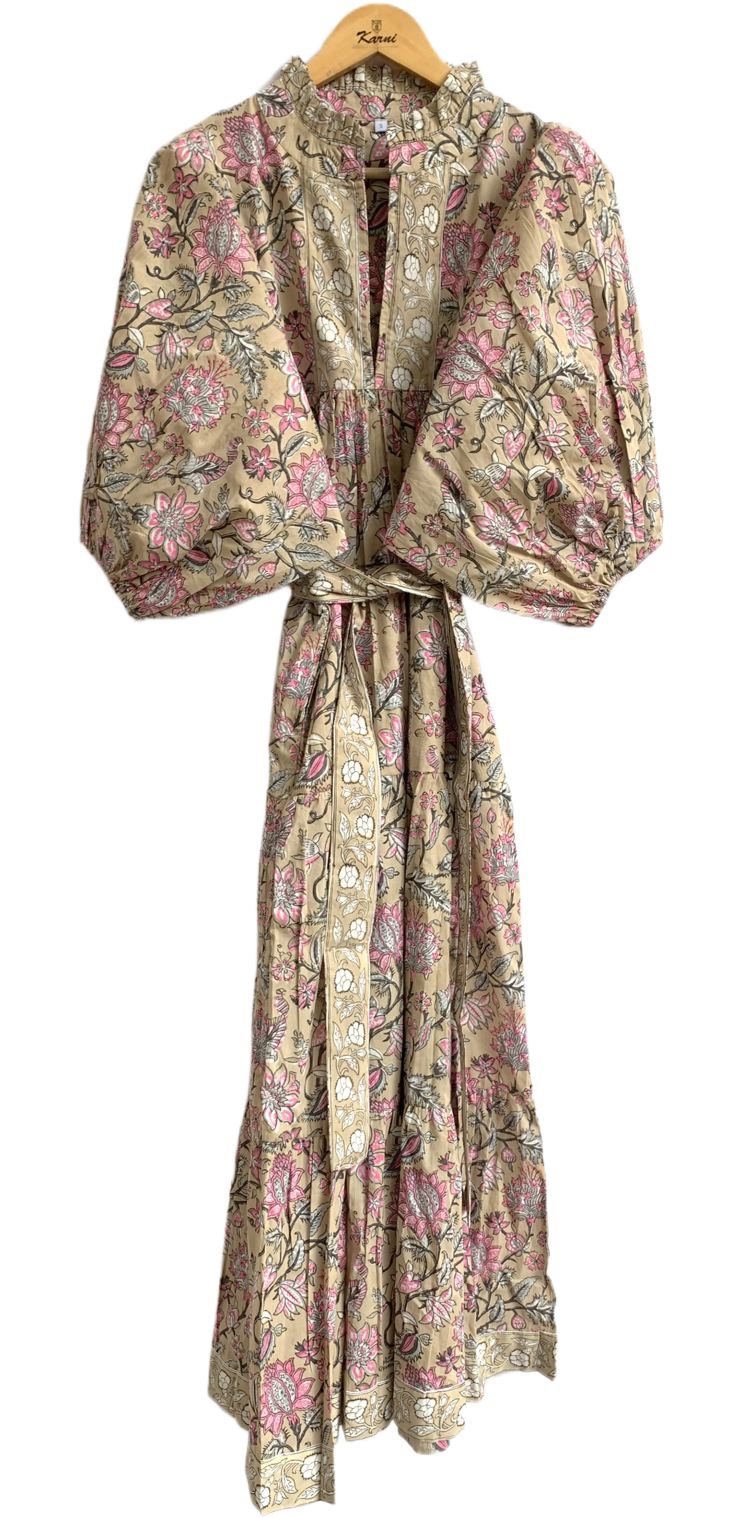 Beige Pink Floral Hand Block Printed Cotton Maxi Dress – Indian Boho Tiered Long Dress
