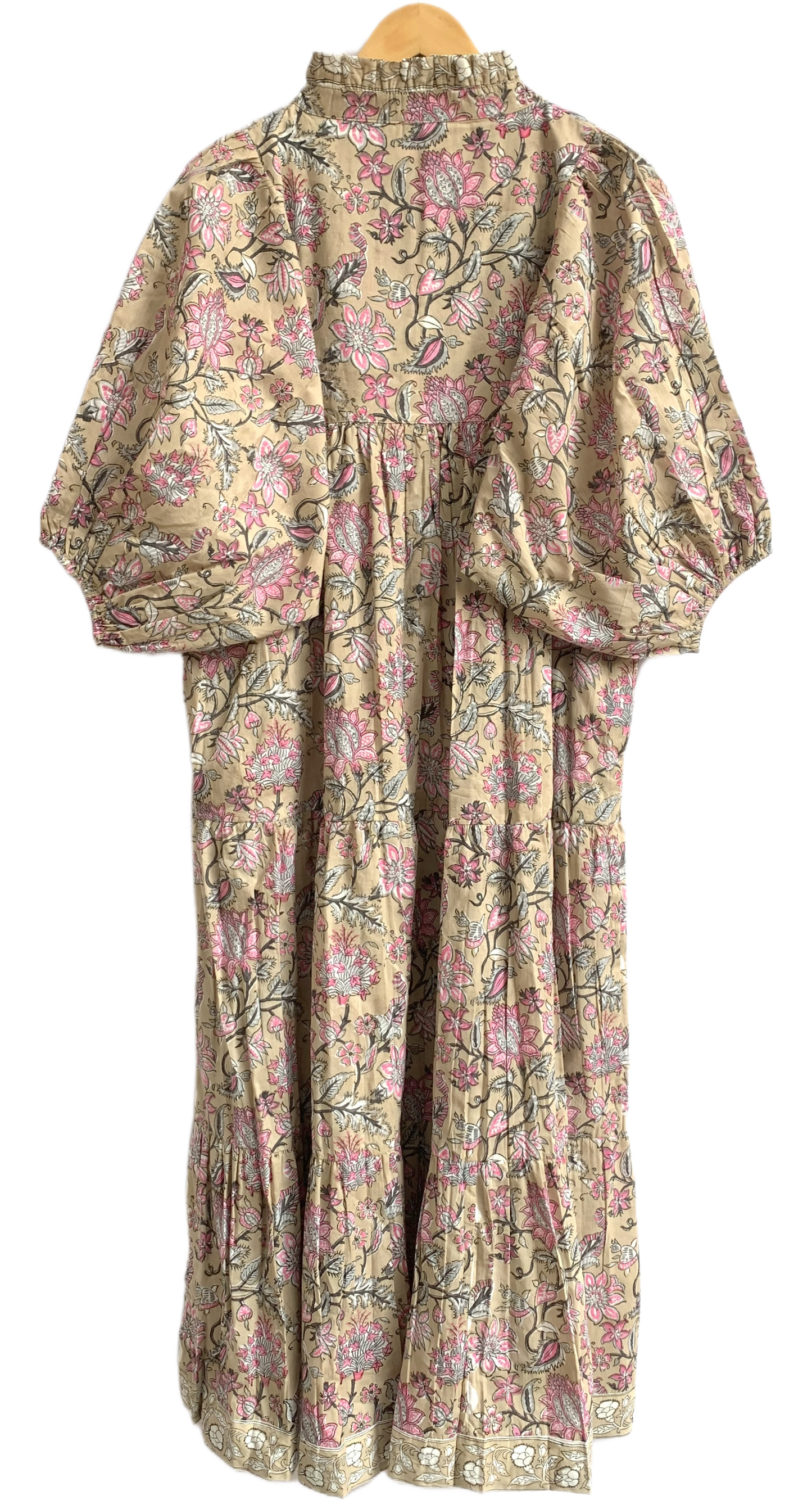 Beige Pink Floral Hand Block Printed Cotton Maxi Dress – Indian Boho Tiered Long Dress