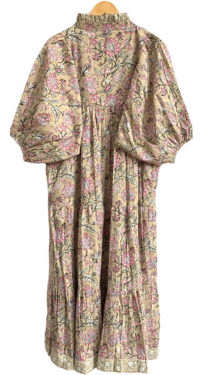 Beige Pink Floral Hand Block Printed Cotton Maxi Dress – Indian Boho Tiered Long Dress