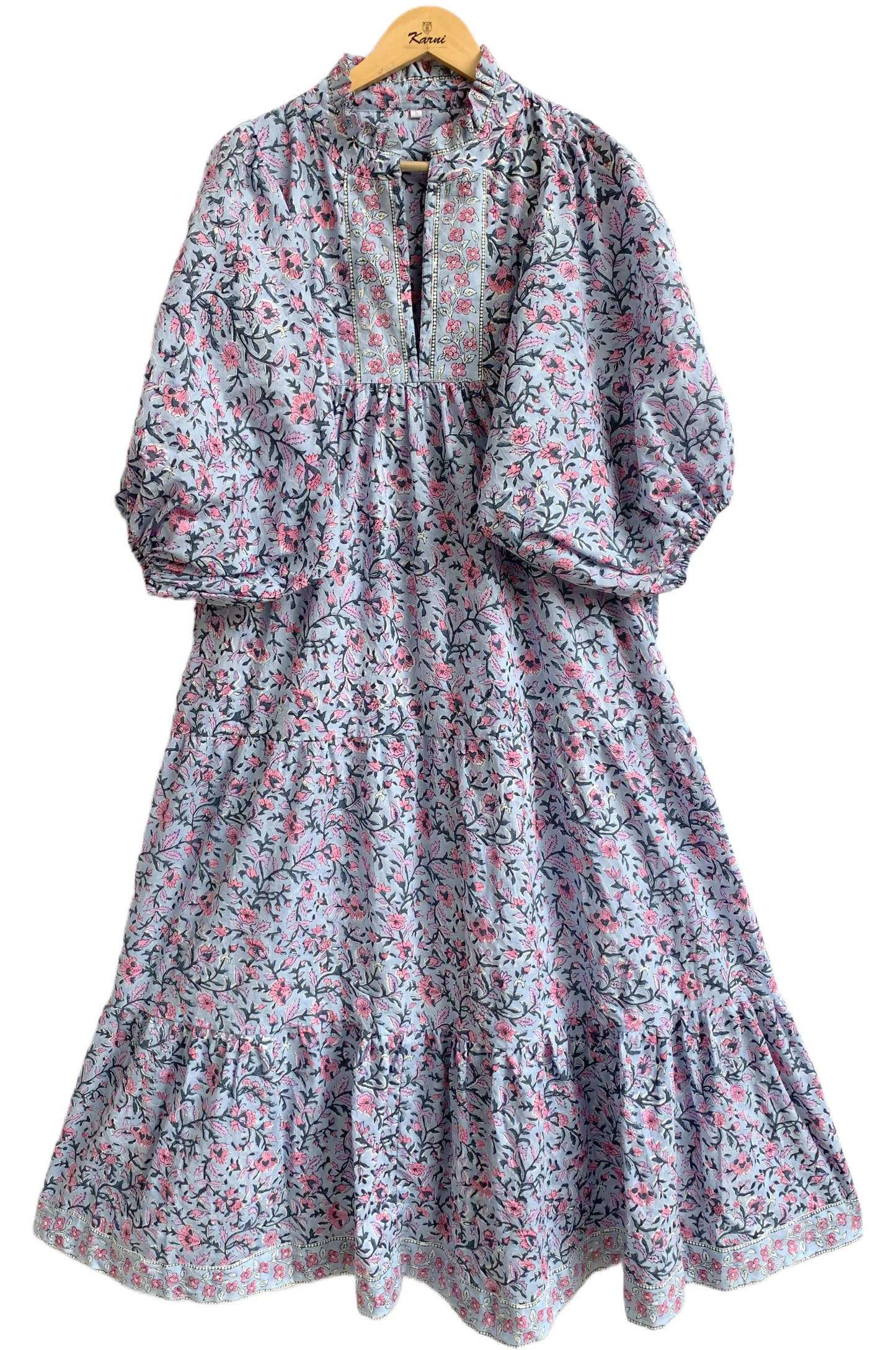 Grey Blue Pink Floral Hand Block Printed Cotton Maxi Dress – Indian Boho Tiered Long Dress