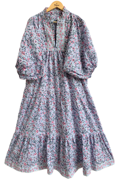 Grey Blue Pink Floral Hand Block Printed Cotton Maxi Dress – Indian Boho Tiered Long Dress