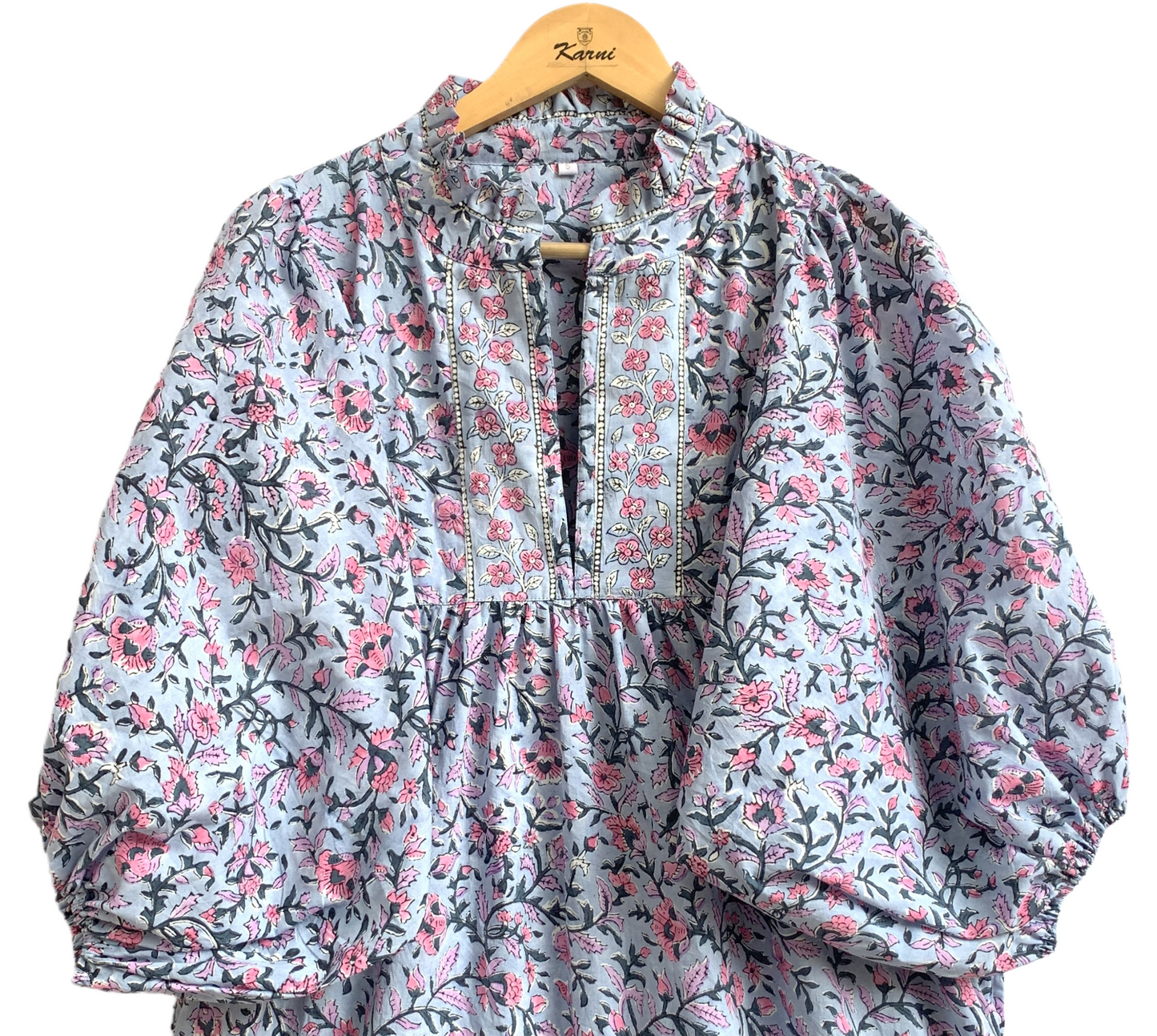 Grey Blue Pink Floral Hand Block Printed Cotton Maxi Dress – Indian Boho Tiered Long Dress