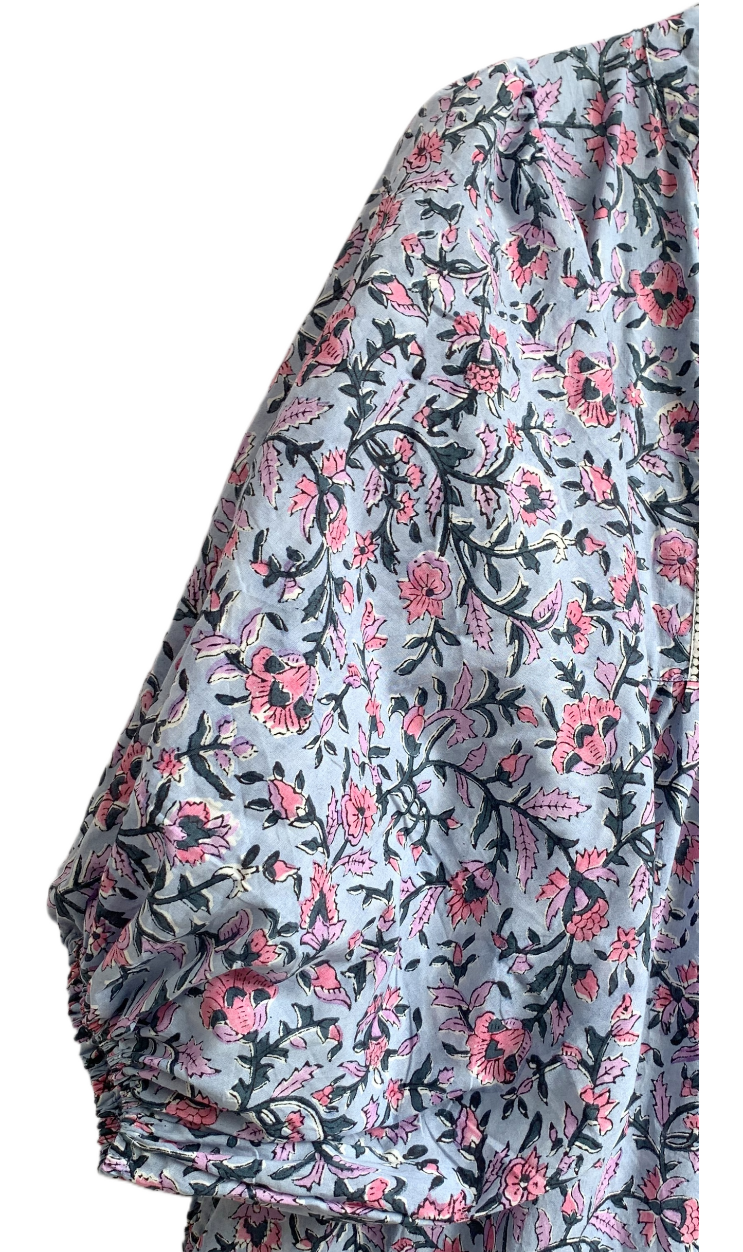 Grey Blue Pink Floral Hand Block Printed Cotton Maxi Dress – Indian Boho Tiered Long Dress