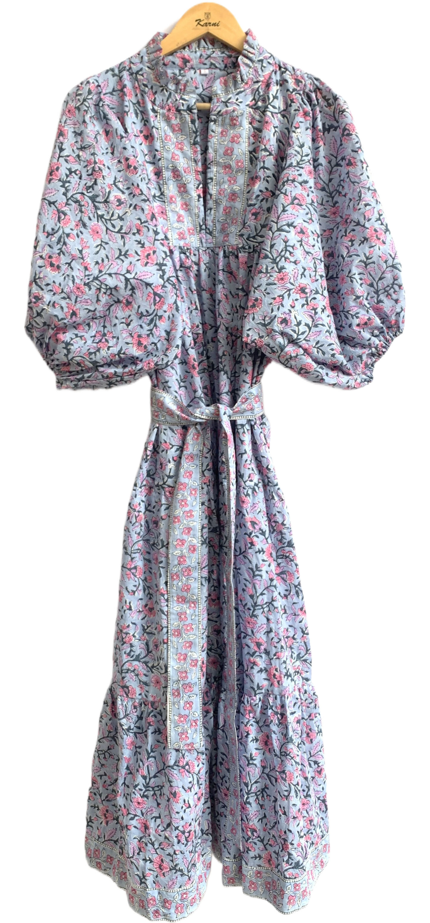 Grey Blue Pink Floral Hand Block Printed Cotton Maxi Dress – Indian Boho Tiered Long Dress