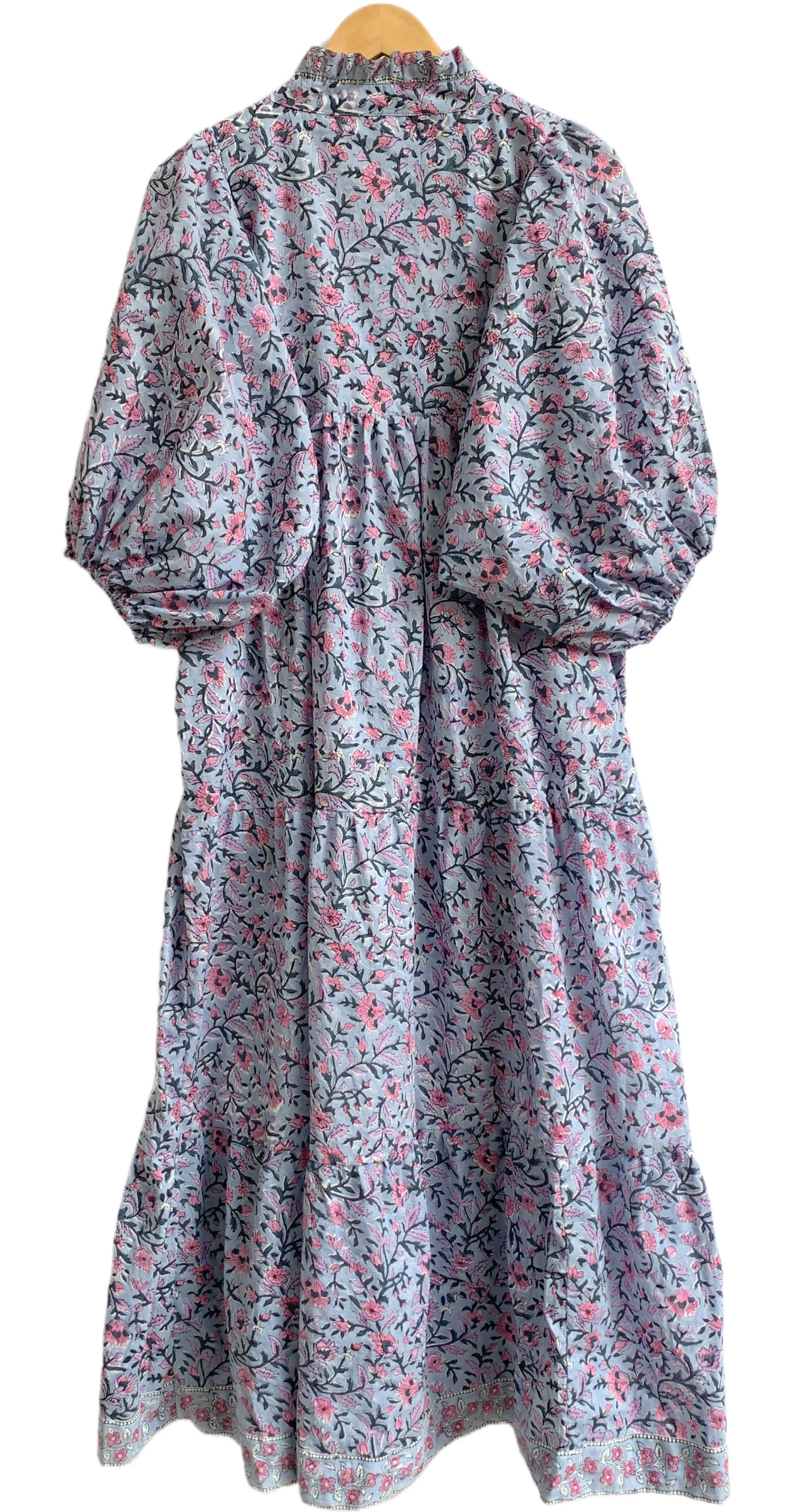 Grey Blue Pink Floral Hand Block Printed Cotton Maxi Dress – Indian Boho Tiered Long Dress