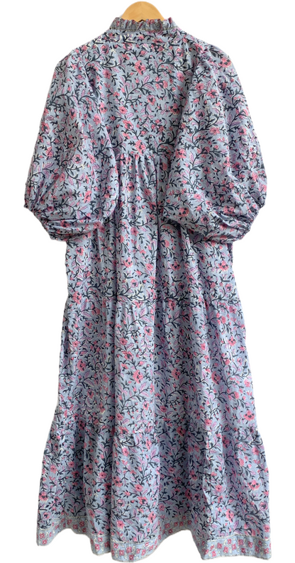 Grey Blue Pink Floral Hand Block Printed Cotton Maxi Dress – Indian Boho Tiered Long Dress
