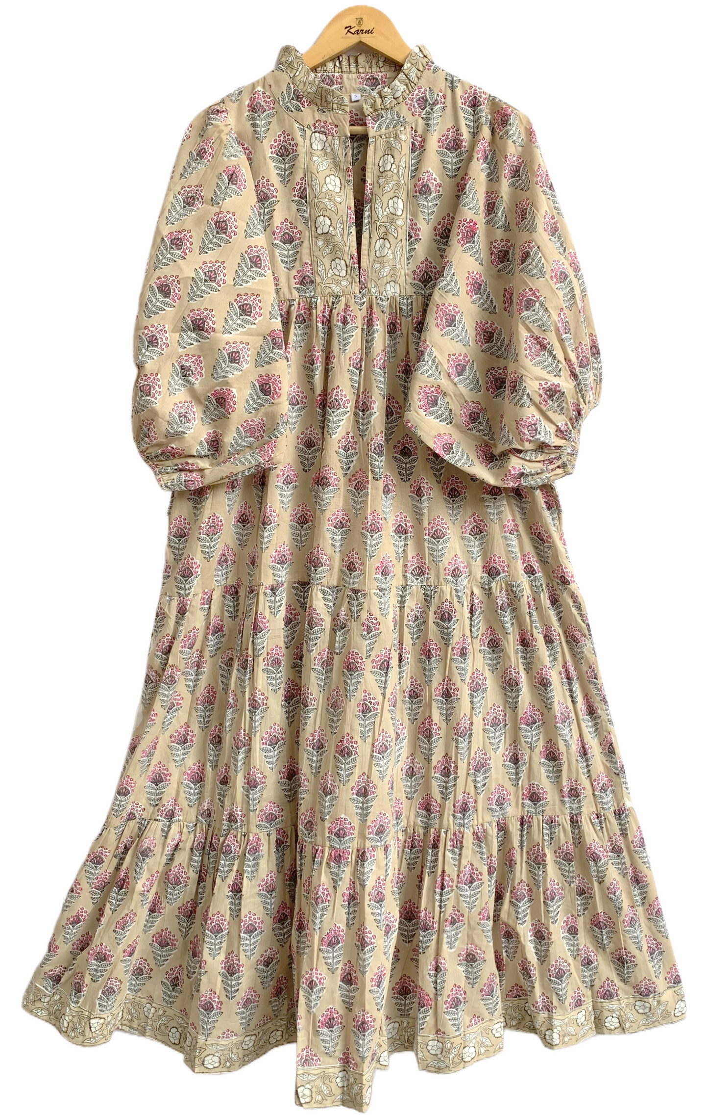 Beige Pink Floral Hand Block Printed Cotton Maxi Dress – Boho Tiered Indian Long Dress