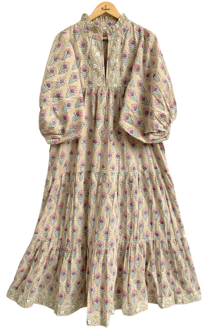 Beige Pink Floral Hand Block Printed Cotton Maxi Dress – Boho Tiered Indian Long Dress