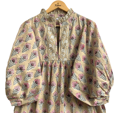 Beige Pink Floral Hand Block Printed Cotton Maxi Dress – Boho Tiered Indian Long Dress