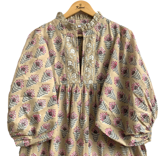 Beige Pink Floral Hand Block Printed Cotton Maxi Dress – Boho Tiered Indian Long Dress