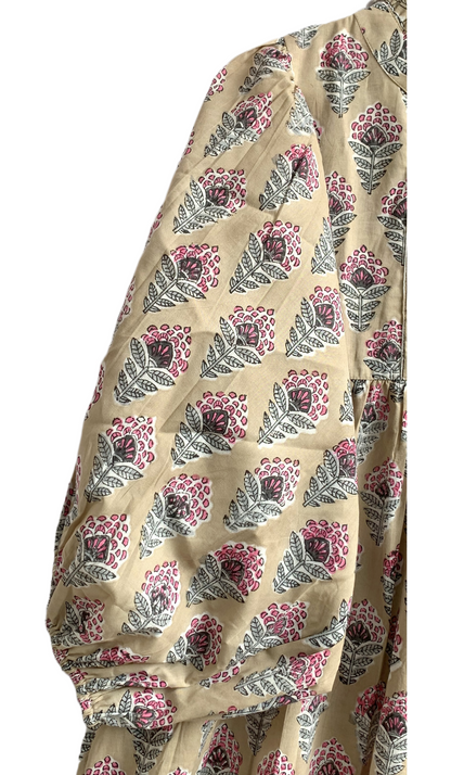 Beige Pink Floral Hand Block Printed Cotton Maxi Dress – Boho Tiered Indian Long Dress