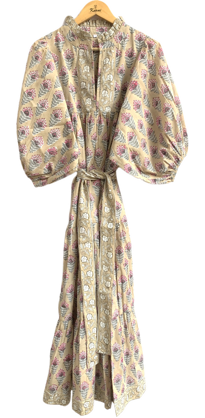 Beige Pink Floral Hand Block Printed Cotton Maxi Dress – Boho Tiered Indian Long Dress