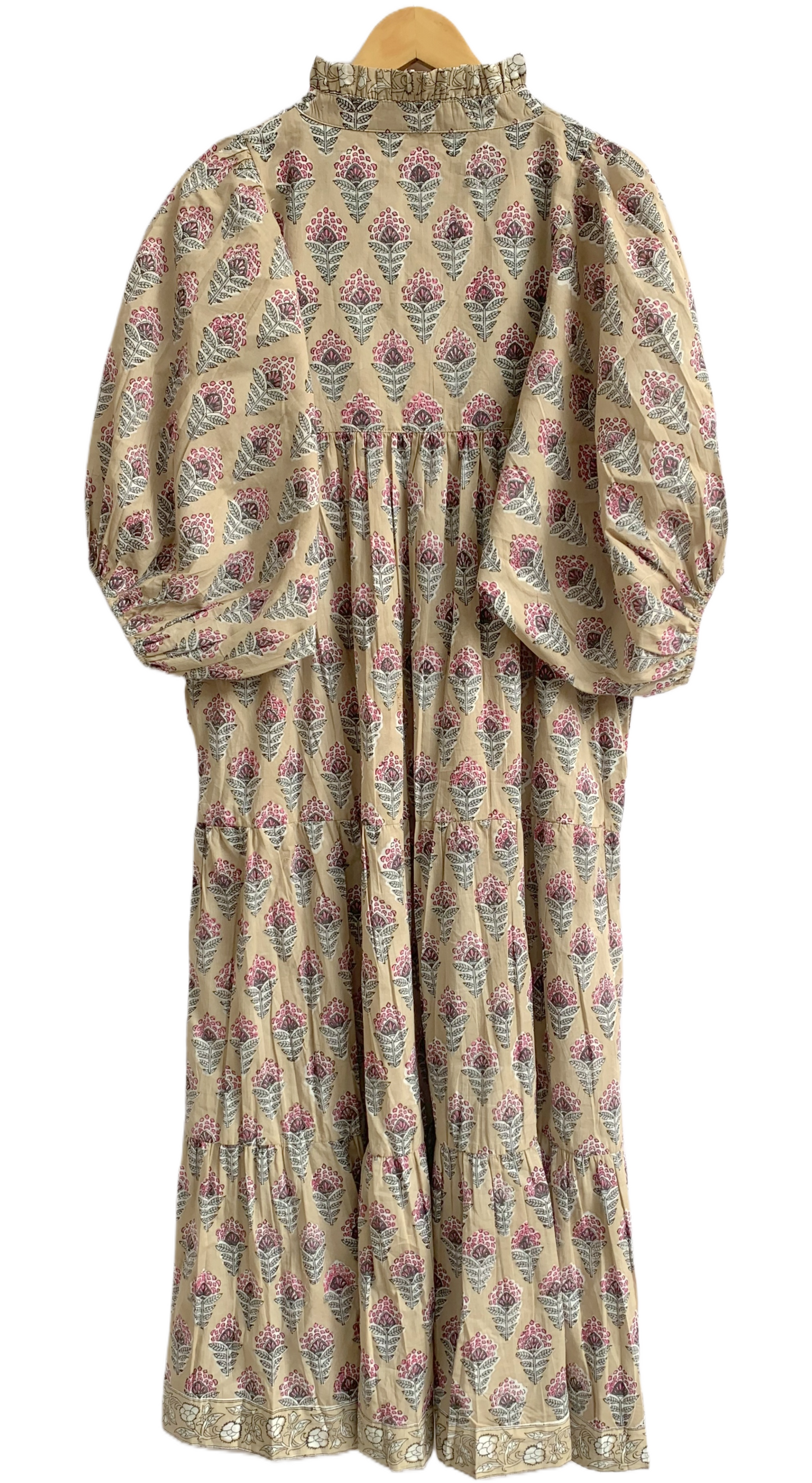 Beige Pink Floral Hand Block Printed Cotton Maxi Dress – Boho Tiered Indian Long Dress