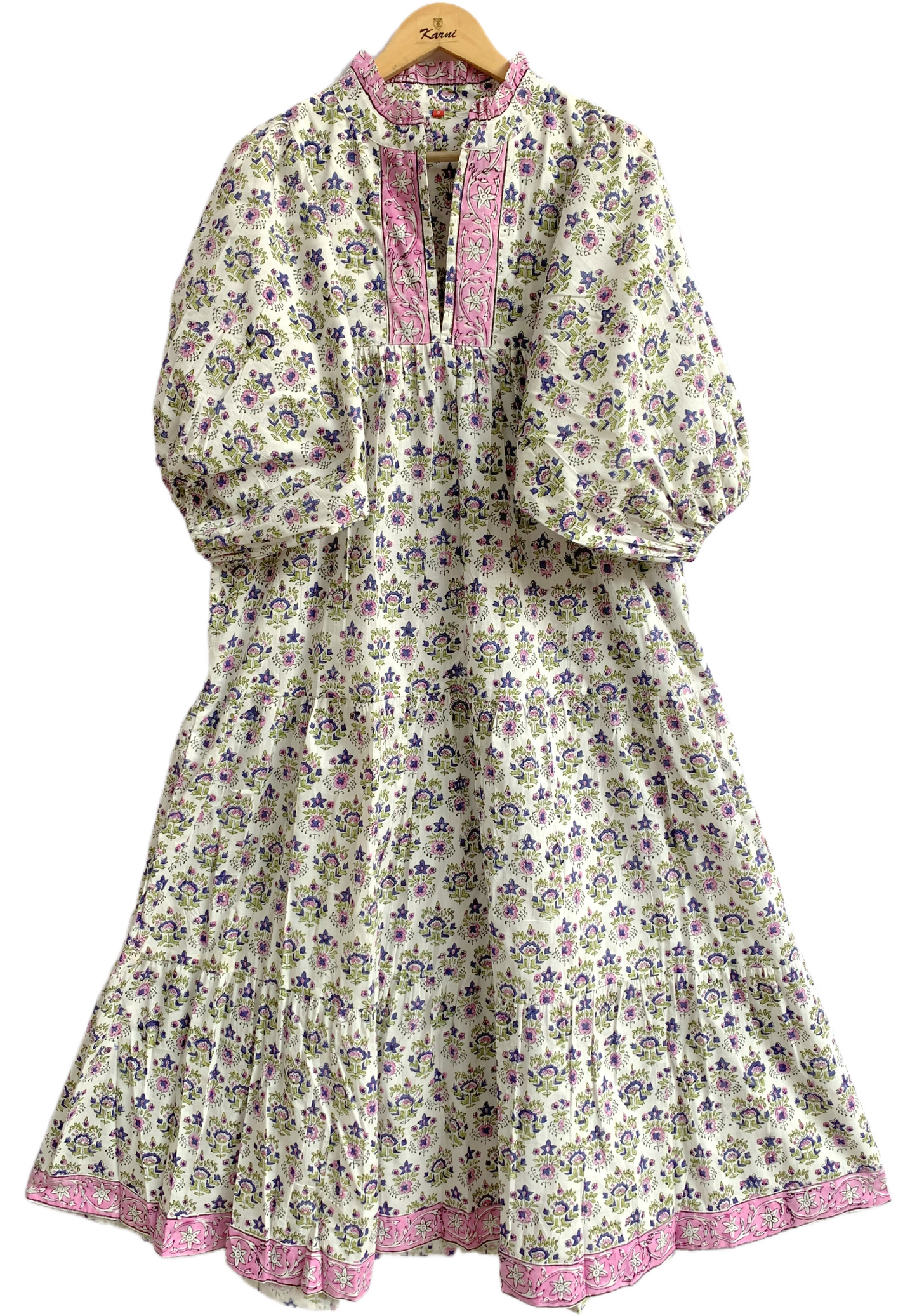 Ivory Pink Blue Floral Hand Block Printed Cotton Maxi Dress – Boho Tiered Indian Long Dress