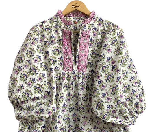 Ivory Pink Blue Floral Hand Block Printed Cotton Maxi Dress – Boho Tiered Indian Long Dress