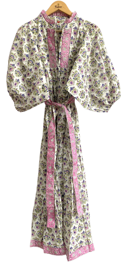 Ivory Pink Blue Floral Hand Block Printed Cotton Maxi Dress – Boho Tiered Indian Long Dress