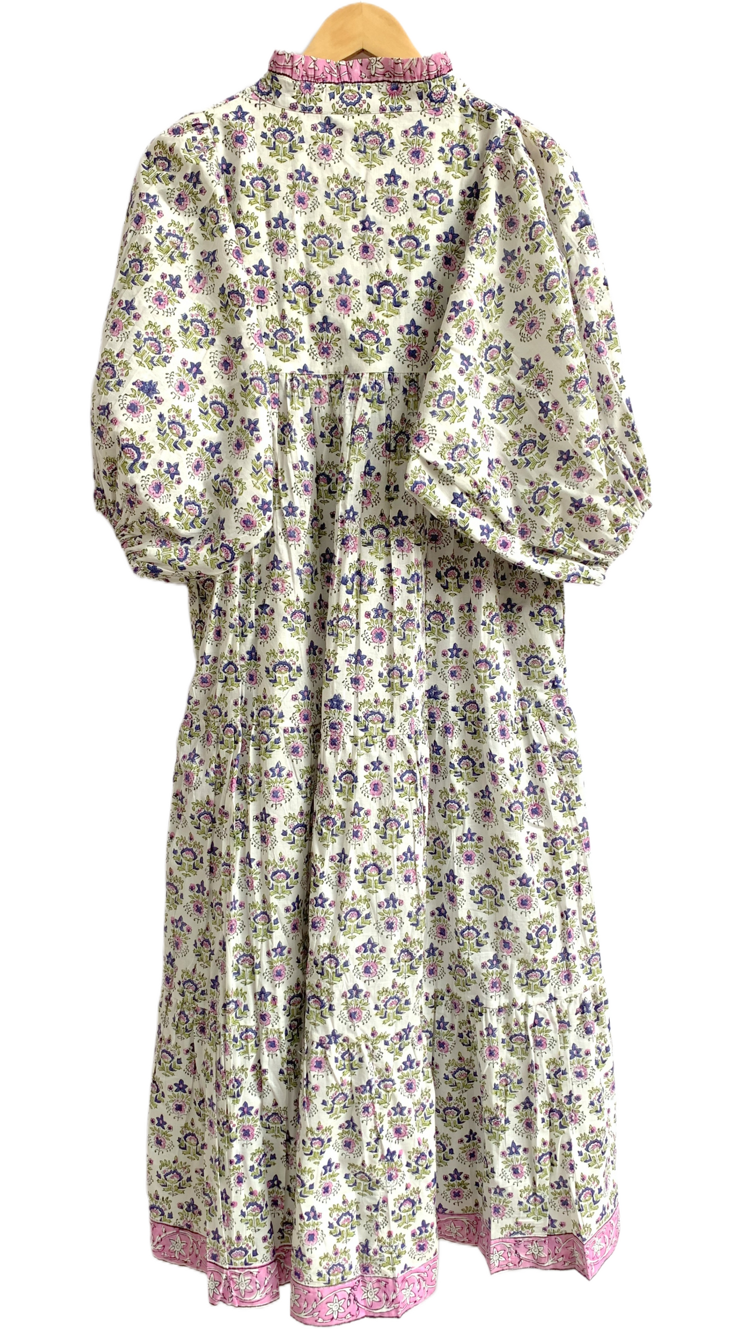 Ivory Pink Blue Floral Hand Block Printed Cotton Maxi Dress – Boho Tiered Indian Long Dress