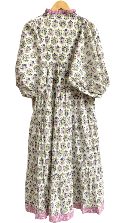 Ivory Pink Blue Floral Hand Block Printed Cotton Maxi Dress – Boho Tiered Indian Long Dress