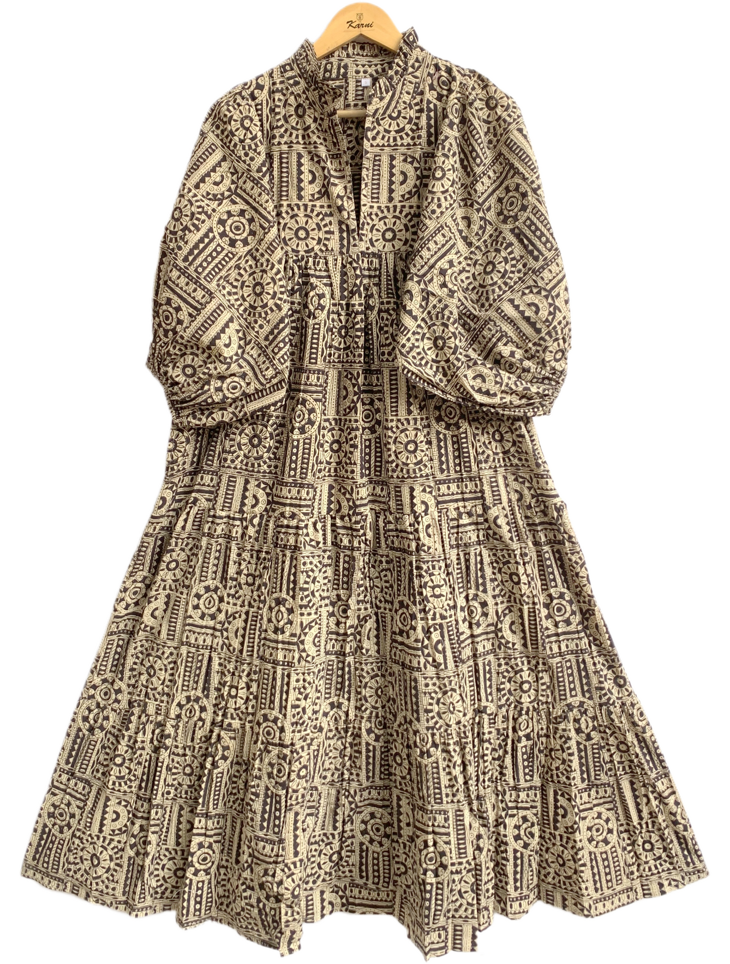 Black Beige Geometric Hand Block Printed Cotton Maxi Dress – Boho Tiered Indian Long Dress