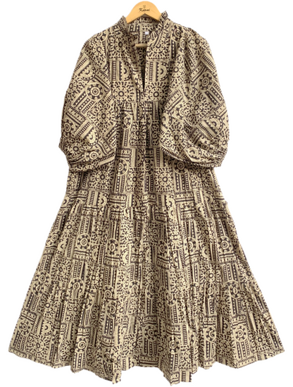 Black Beige Geometric Hand Block Printed Cotton Maxi Dress – Boho Tiered Indian Long Dress