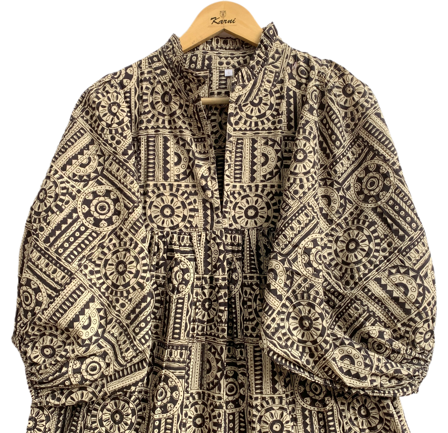 Black Beige Geometric Hand Block Printed Cotton Maxi Dress – Boho Tiered Indian Long Dress