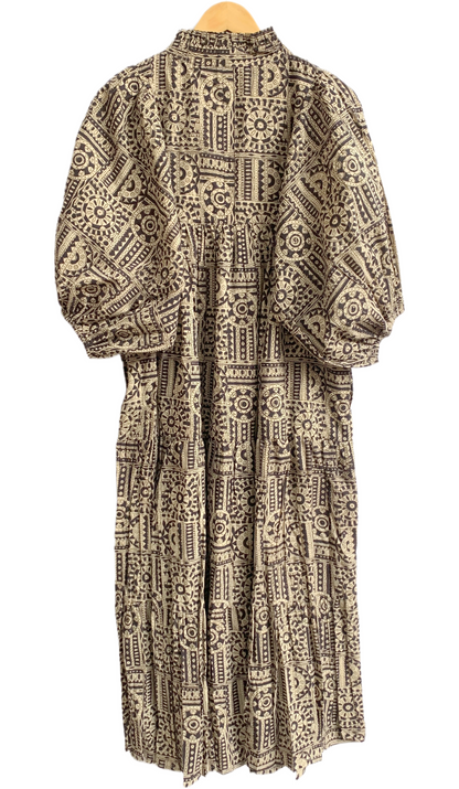 Black Beige Geometric Hand Block Printed Cotton Maxi Dress – Boho Tiered Indian Long Dress