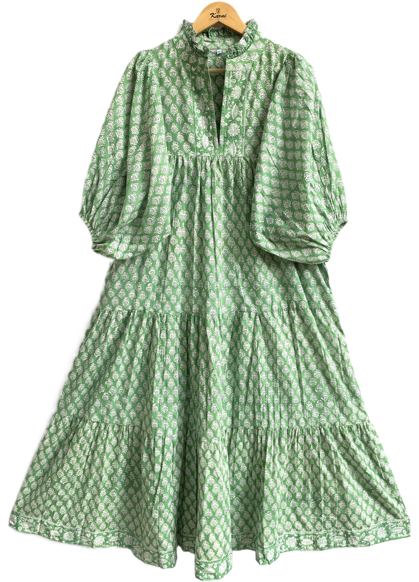 Sage Green Floral Hand Block Printed Cotton Maxi Dress – Indian Boho Tiered Puff Sleeve Dress