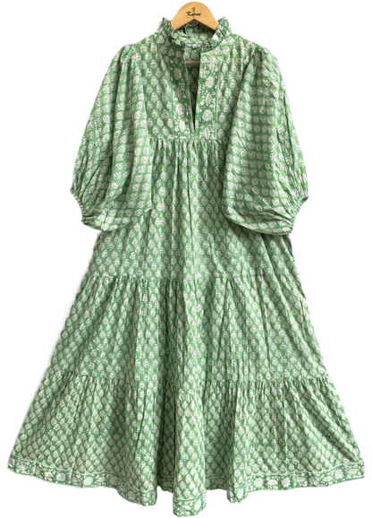 Sage Green Floral Hand Block Printed Cotton Maxi Dress – Indian Boho Tiered Puff Sleeve Dress