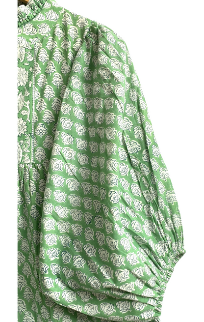 Sage Green Floral Hand Block Printed Cotton Maxi Dress – Indian Boho Tiered Puff Sleeve Dress
