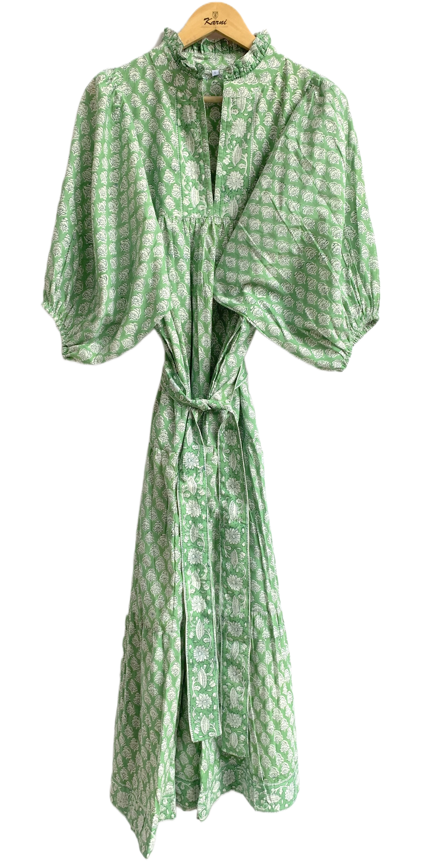 Sage Green Floral Hand Block Printed Cotton Maxi Dress – Indian Boho Tiered Puff Sleeve Dress