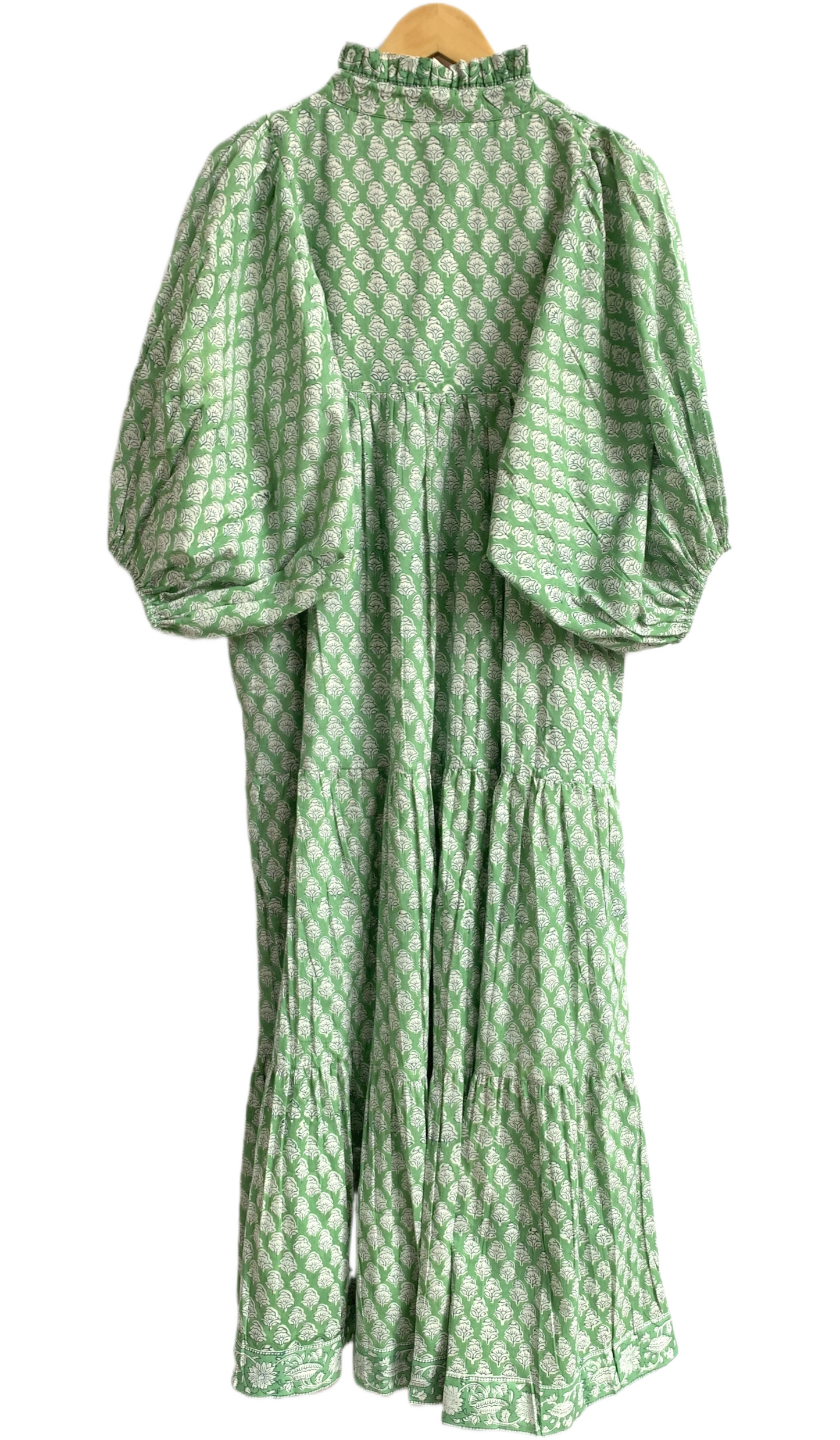Sage Green Floral Hand Block Printed Cotton Maxi Dress – Indian Boho Tiered Puff Sleeve Dress