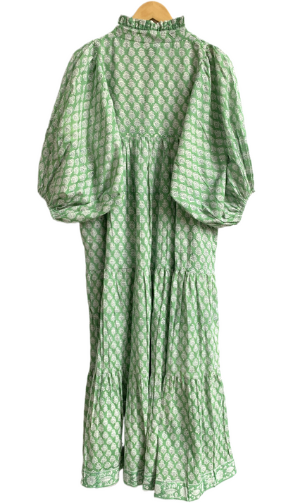 Sage Green Floral Hand Block Printed Cotton Maxi Dress – Indian Boho Tiered Puff Sleeve Dress