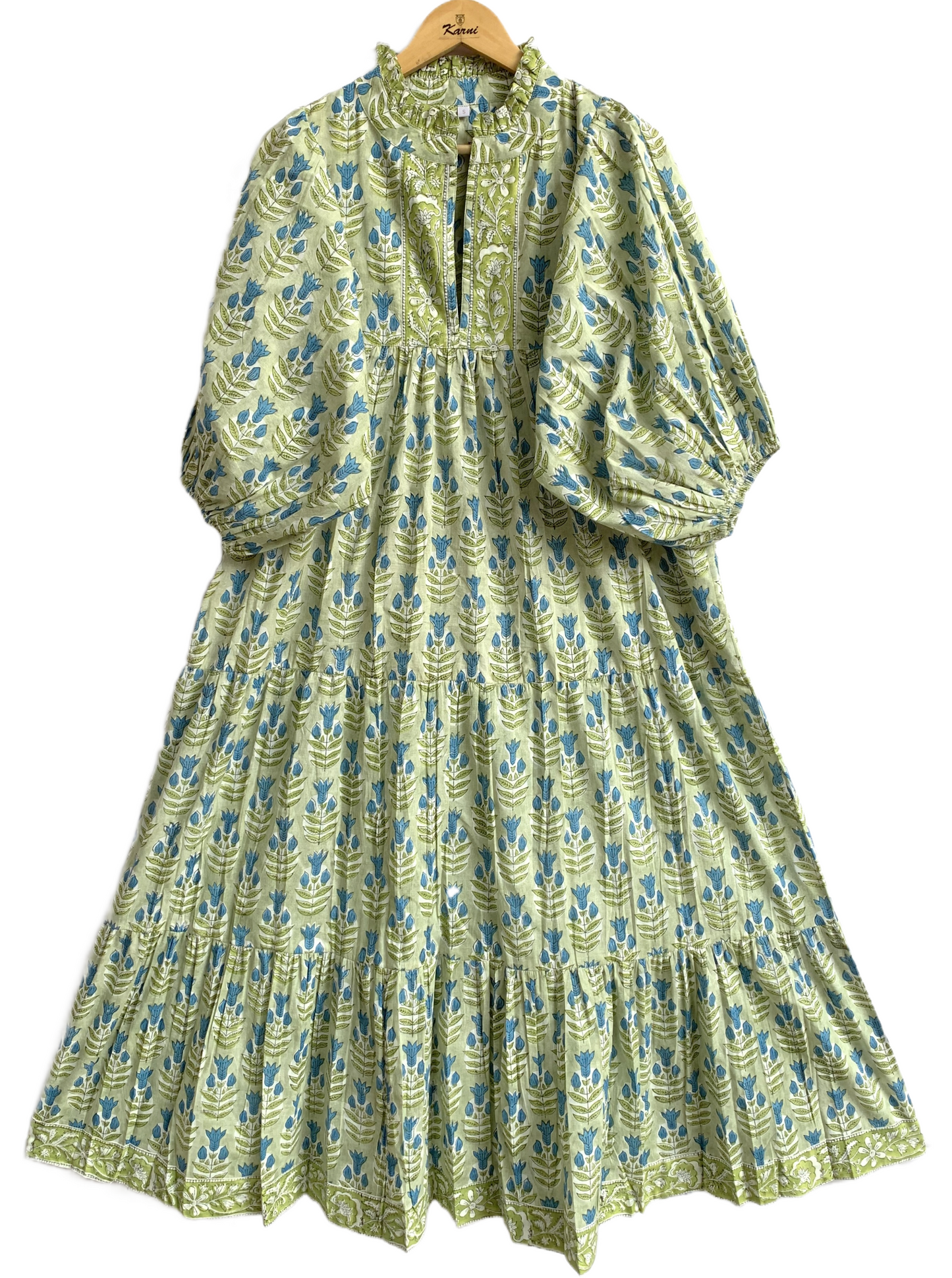 Sage Green Blue Floral Hand Block Printed Cotton Maxi Dress – Boho Tiered Indian Long Dress