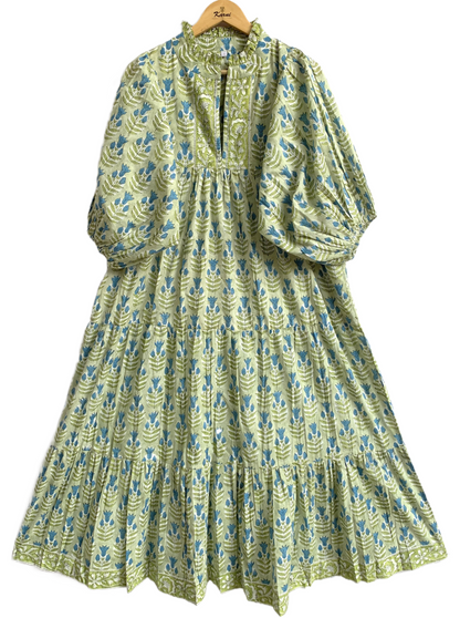 Sage Green Blue Floral Hand Block Printed Cotton Maxi Dress – Boho Tiered Indian Long Dress