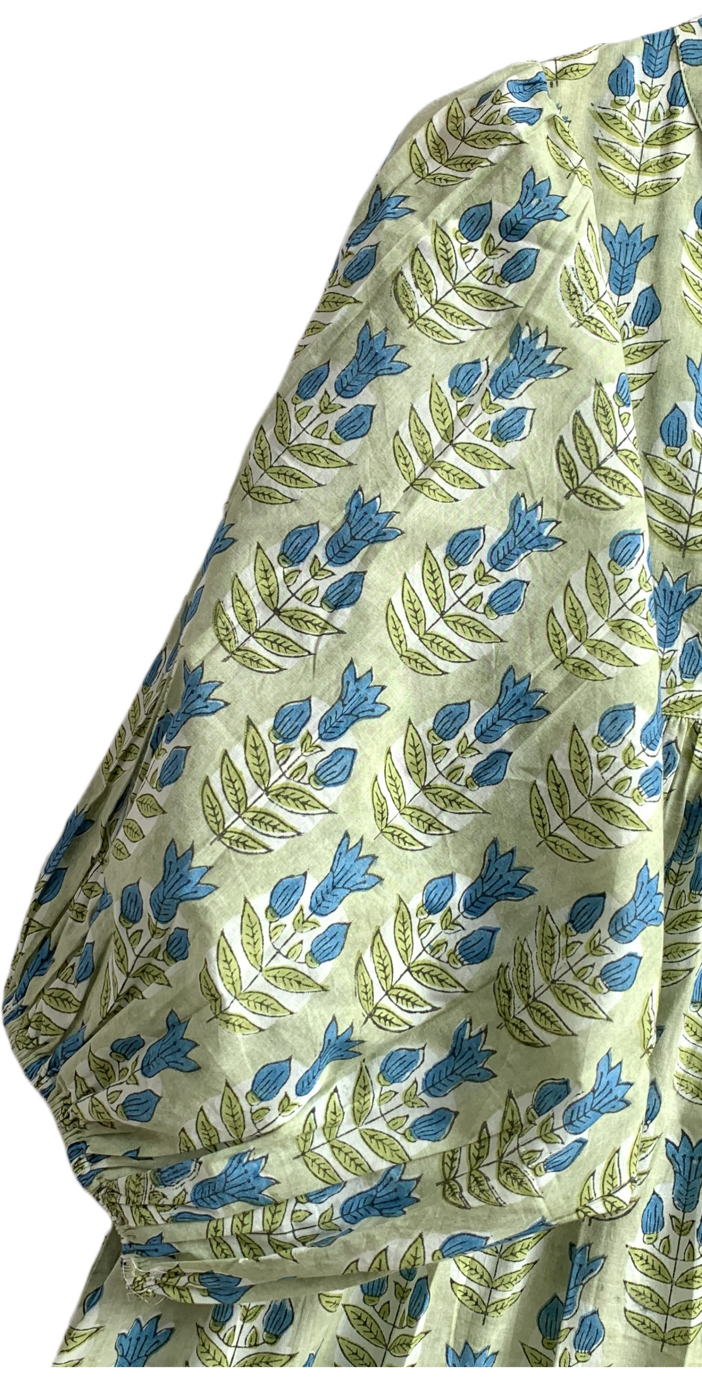 Sage Green Blue Floral Hand Block Printed Cotton Maxi Dress – Boho Tiered Indian Long Dress