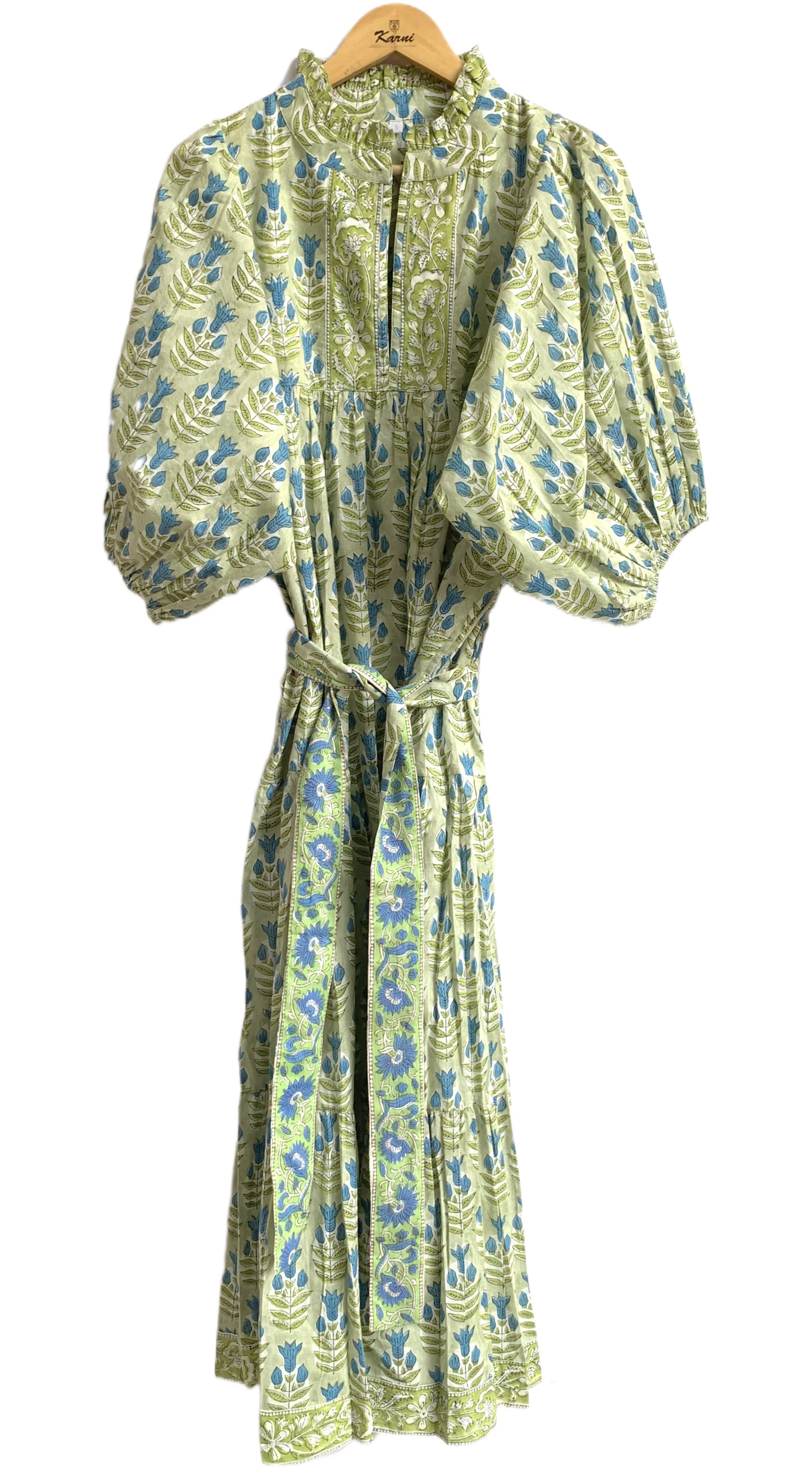 Sage Green Blue Floral Hand Block Printed Cotton Maxi Dress – Boho Tiered Indian Long Dress