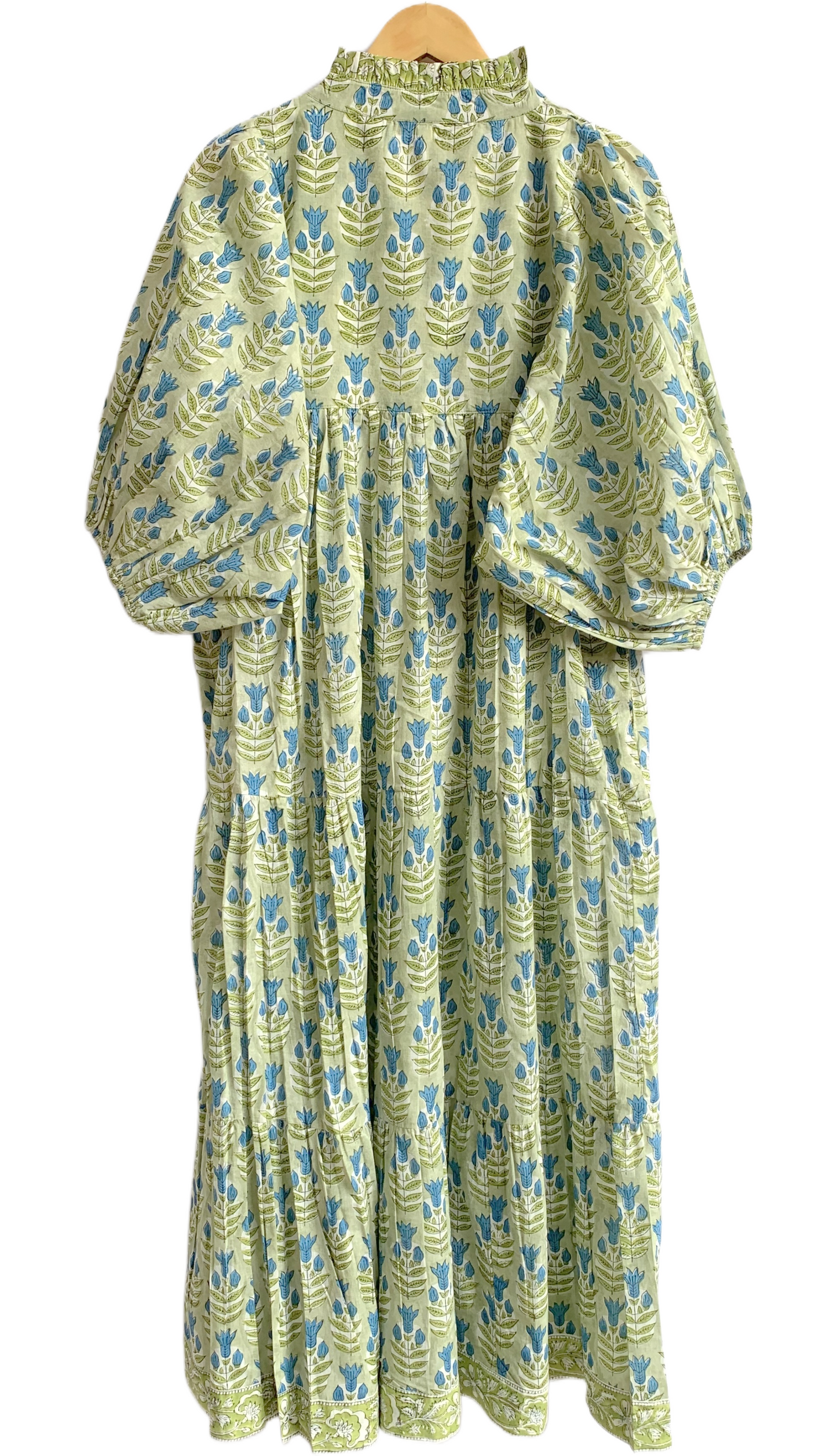 Sage Green Blue Floral Hand Block Printed Cotton Maxi Dress – Boho Tiered Indian Long Dress