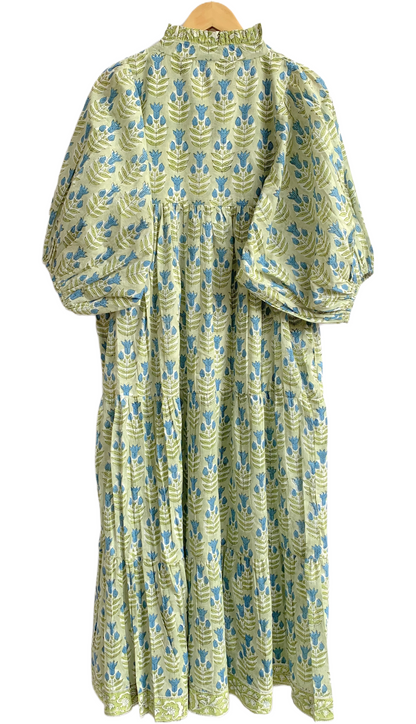 Sage Green Blue Floral Hand Block Printed Cotton Maxi Dress – Boho Tiered Indian Long Dress